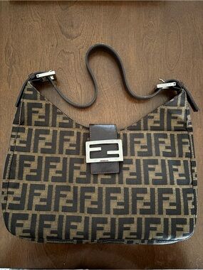 Fendi Black and Brown FF Logo Shoulder Baguette